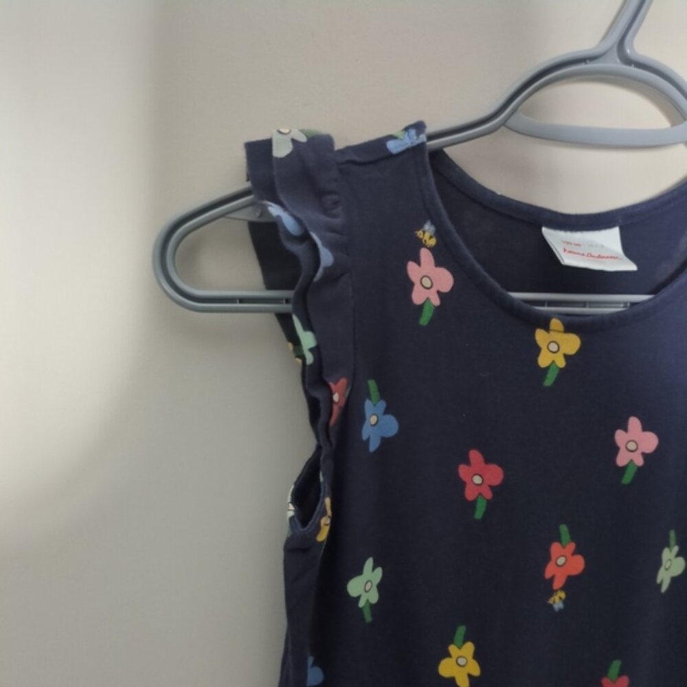 Hanna Andersson Flower Ruffle Dress Navy Size 6/7 (120cm) Pockets Cap Sleeves - Picture 3 of 8